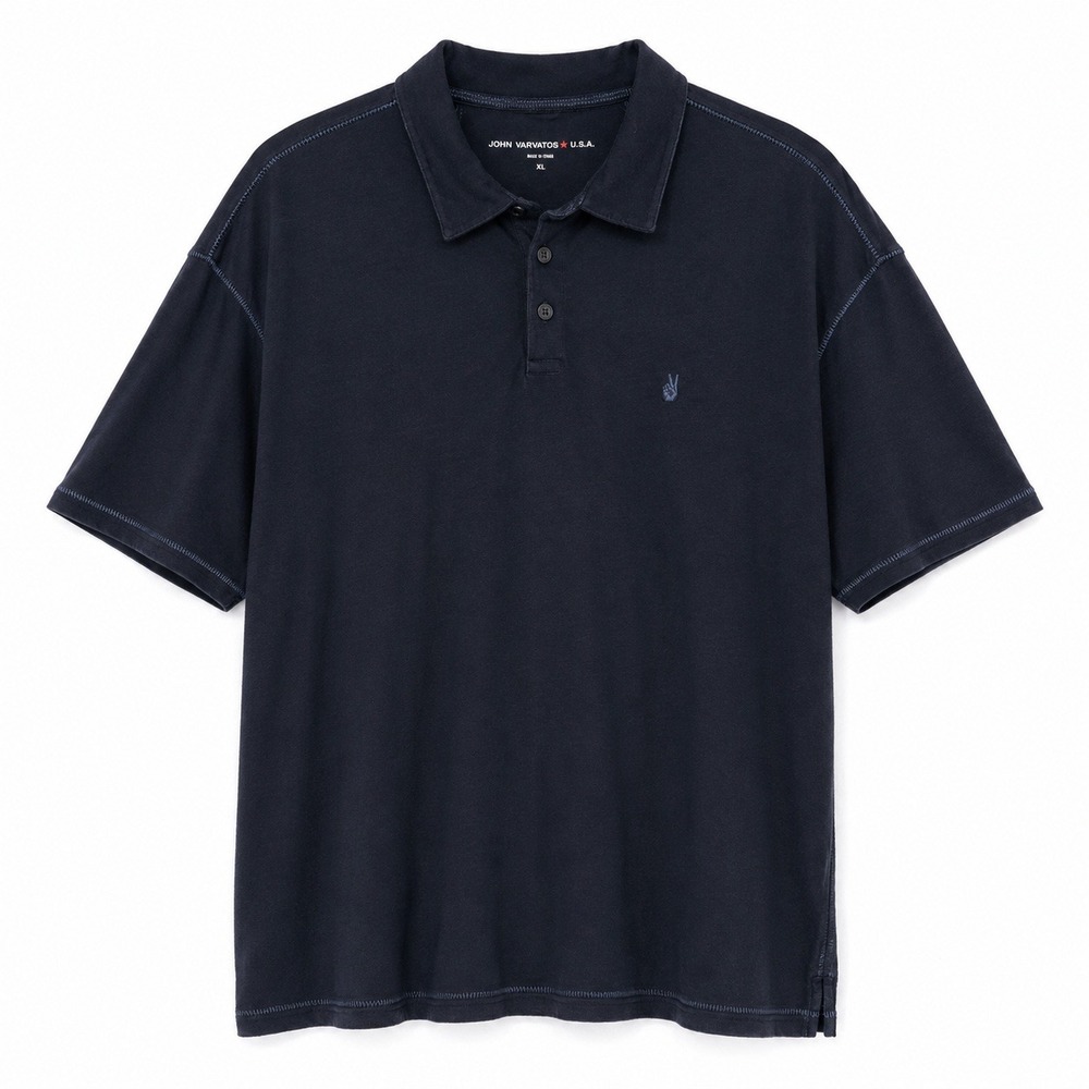 John Varvatos Soft Collar Peace Logo Polo Shirt Navy Blue Contrast Stitch XL